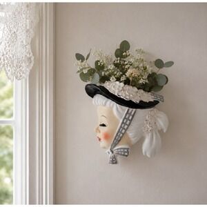 Vintage Ucagco Girl Ponytail Silhouette Head Wall Pocket Lady Vase Black White